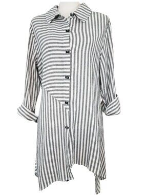 SOFT SURROUNDINGS Gray & White Striped Button-Down Blouse Women's L